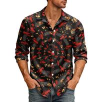 Men's Lobster Print Long Sleeve Hawaiian Shirt Button Down Collar Casual Beachwear Shirt for Summer Vacation and Outdoor Activities L juoda