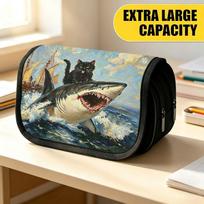 Double Layer Large Pencil Case, Vibrant Printed Pencil Pouch with Blue Red Sardines Label Retro Design, Fashion Storage Bag, Portable Pencil Case with 20x9x11cm gray