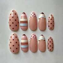 24Pcs French Round Almond Press On Nails Polka Dot Rainbow Design Reusable False Nail Set brown