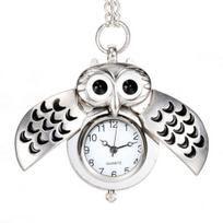 Cartoon Owl Wing Pocket Watch Quartz Analog Pendant Necklace Xmas Gift gray
