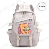 Cute Chill Tabby Cat Bubble Tea Anime Kitten Women Backpack Usb Port Travel Backpacks Trend Laptop Backpack Back To School Gift white