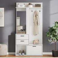 Coat Rack, Shoe Bench, Wardrobe, 2 Drawers, 3 Hooks for Jackets, Hats, One Glass Mirror, Plus Three Shelves, Hallway, Bedroom, 90x30x180cm, White 90 x 30 x 180 cm balta