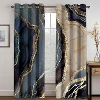 Up-to-date Abstract Black Golden Marble Living Room Space Curtain Decoration Digital Printing Living Room Curtain Grommet Top Curtain W50 X H130(CM)X2Pcs&Grommet Top gray