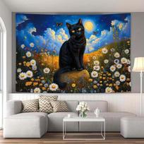 Enchanted Midnight Cat Tapestry Moonlit Floral Fantasy Wall ArtLarge Decor for Living Room or Bedroom Add Magic to Your Space 74x94cm(29x37in) black