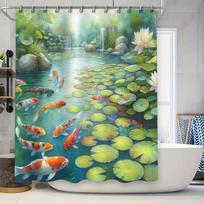 Vibrant Fishes Shower Curtain With Lotus Pond Scene Waterproof Fabric For Bathroom Decorations Multi-Colored Koi Carps Design Si W60H190(CM)-1 Pcs white