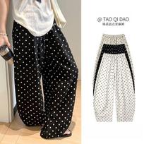 Women's High Waist Barrel Pants Loose Wide Leg Linen Trousers Polka Dot Print Korean Casual Summer Thin Relaxed Pants S juoda