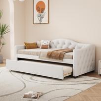 (=WX000566AAA) Daybed, 90x200cm Daybed with Pull-Out Bed, Sofa Bed, Single Bed (Without Mattress), Linen, Minimalist Styling, Beige 211 x 101 x 88 cm smėlis