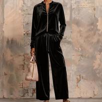 Women's Velour Hoodie and Wide Leg Pants Set High Waist Flowy Suit with Draping Fabric L juoda