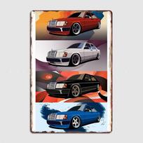 Namų dekoratyvinis paveikslas Metalinis plakatas Vidaus prabanga Vokiečių automobilio evoliucija W124 E klasės serija Klasikinis retro ženklas Kambario sienų dekoras 20x30cm（7.8x11.8inch） black
