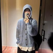 Korean Retro Hooded Cable Knit Long-Sleeve Cardigan L kava