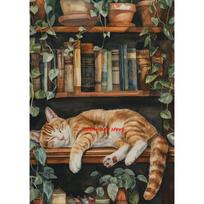 Vintage Sleeping Cat Antique Posters Canvas Printing Stack Books Lazy Cat Bookish Wall Art Picture for Library Home Room Decor 21cm×30cm NoFrame black