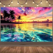 Vibrant Sunset Tapestry Neon Colorful Sky with Palm Trees Turquoise Ocean Wall Hanging Background Cloth for Home 100X70CM yellow