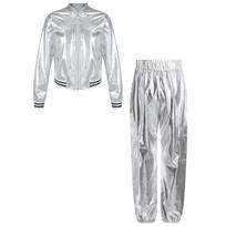 Girls Hip Hop Jazz Dance Costume Long Sleeve Stand Collar Zipper Metallic Jacket Pants Set 5-6 Years sidabras