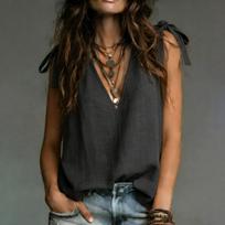 Women V Neck Sleeveless Top with Adjustable Shoulder Ties Casual Loose Fit Blouse Lightweight Pullover Shirt for Daily Wear L juoda