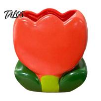 Stable Cosmetic Brush Cup Tulip Makeup Holder, Resin Organizer for Vanity Desk, Cute Flower Pen Unique Gifts Besties Office Supplies, Large raudona