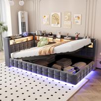 Daugiafunkcionalė minkšta sofa-lova 90x200cm, hidraulinė daiktadėžė, medinė lentyna, LED juosta, elektros lizdas, USB ir Type-C jungtys, grotelės, tamsiai pilkas veliūras 217 x 105.5 x 85 cm pilka