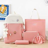 School bag new canvas campus backpack five-piece set simple and versatile junior high school school bag multi-functional casual girls backpack rožinė
