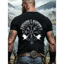 Vikingų stiliaus marškinėliai Juodi Huginn ir Muninn Norse Runos ir Kompaso dizainas Lauko nuotykių drabužiai, DIDELIO DYDŽIO L juoda