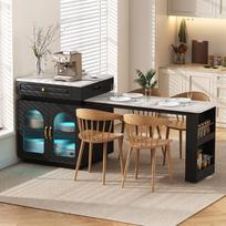 Virtuvės sala su ratukais, Prailginamas valgomojo stalas su LED apšvietimu, Baro stalas su elektros lizdais, Indauja virtuvei ir valgomajam (Juoda) 128 x 71 x 92 cm juoda