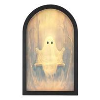 Seasonal Home Horror Accents Halloween Glowing Ghost Mirror, USB Light Up Spooky Scary Ghosts, Hologram Greeting Door Sign Prank Decor for Haunted A beige