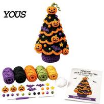 Funny Halloween Decor Tree Crochet Kit, DIY Black Cat Pumpkin Witch Holiday Ornament Making Hat Ghost Crafting Kit for Home Decor, Handmade black