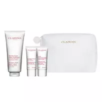 Clarins Set: Moisture-Rich, Shea Butter, Moisturizing Body Lotion, Body, 200 ml + Jeunesse Des Mains, Softening Hand Cream, 30 ml + Gommage, Exfoliating Body Scrub, 30 ml + , Zippered GWP Textile Pouc