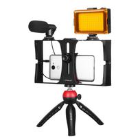 PULUZ 4 in 1 Vlogging Live Broadcast LED Selfie Light Smartphone Video Rig Kits with Microphone + Tripod Mount + Cold Shoe Tripod Head for Smartphones raudona