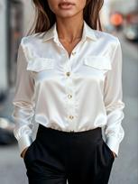 Women Point Collar Long Sleeve Satin Blouse Double Chest Pocket Gold Button Solid Silk Shirt Polyester Elegant Office Commute Top S balta
