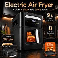 Electric Air Fryer 9 Liters, 2100W, 2-in-1 Air Fryer with Grill Plate for Home Use, Touch Control, for Cooking Meat and Barbecue, 8 Preset Programs 9L juoda