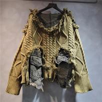 Moterų megztinis ilgomis rankovėmis, nelygios dėmės, kišenės, vintažinis, skalautas džinsinis megztinio viršus 2XL brown