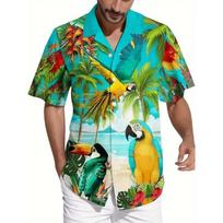 Men's Vibrant Parrot Tropical Floral Print Hawaii Shirts Casual Short Sleeve Button Up Beach Shirt for Men Summer Vacations 3XL blue