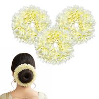 GLUN® Jasmine Flower Gajra for Hair Bun, Pack of 3 White Colour, Juda Hair Accessories for Women, Artificial Mogra Band beige