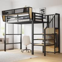 Loft Bed 90x200 with Safety Ladder and Flexible Storage Compartment, Metal Bed Adult Bed Children's Bunk Bed Black 255 x 95 x 191 cm juoda