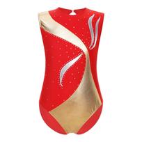 Merginų gimnastikos pasirodymo triko Metalinis blizgus mozaikinis raštas Cirkonio detalės Nugaros išpjova Be rankovių Bodžiukas 3-4 Years raudona