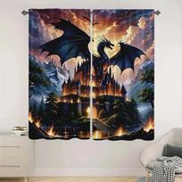 Dragon Black Castle Printed Curtains Pole Bag Design Bedroom Living Room Home Decoration Curtain Polyester Perfect For Great W100*H70(CM)-Rod Pocket&2PCS gray