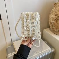 Small-scale Pearl Cross-body Bag for Mobile Phone, Versatile and Luxurious Fashion Beaded Small Square Bag One Size balta