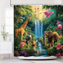 1pc Vibrant Jungle Animal Shower Curtain with Giraffe, Elephant Family, Lion & Waterfall - High-Quality Polyester Fabric (as the picture,90X180CM) beige