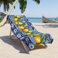 Mediterranean Lemon Print Beach Towel, Super Absorbent Quick Dry Microfiber Bath Towel, Blue Tile Citrus Design Beach Towel 50X100cm &1pc gray