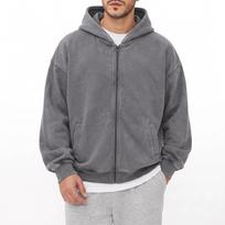 Men's Washed Distressed Hoodie, Pure Cotton, American Style, Loose Fit, Hooded, Zipper Cardigan M