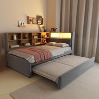 Miegamoji sofa 90*200, Ištraukiama lova 90*190, LED apšvietimas, Lizdai ir laikymo skyreliai, Daugiafunkcinė, Vienvietė lova, Flanelis, Tamsiai pilka. 213 x 103 x 98 cm tamsiai pilka spalva