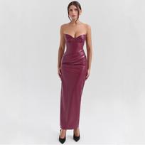 Amazon Europe and the United States new leather tube top dress, sexy strap slit hip dress evening dress XS brown