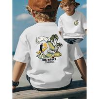 Boys Surfing Penguin Ocean Wave Front Back Print Crewneck Summer Casual T-Shirt 110 balta