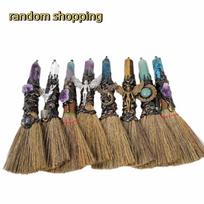 Exquisite Natural Crystal Column Point Stone Broom Rough Stone Handmade Witch Broom Ornaments Mini Broom Craft Desktop black