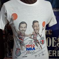 Vintage 1992 Scottie Pippen Drexler Bulls Trailblazers NBA Basketball 90s single stitch caricature cartoon t shirt 38 M L gray