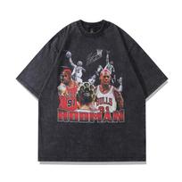 Vintage Washed High Street Rodman Like Hip Hop Print Ins Short Sleeve Men'S And Women'S T-Shirts Old Loose Man Crew Neck S black