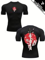 Compression Short Sleeve T-Shirt Front And Back Print Samurai Sword And Red Sun Graphic Quick Dry Breathable High Elasticity Gym And MMA Athletic Top S juoda