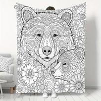 Color-by-Number European/American Style Mandala Pattern Bear Parent-Child Design Flannel Blanket, Original English Design, Soft, Skin-Friendly, and Wa 75X95CM gray