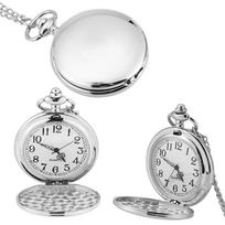 Classical Quartz Analog Smooth Pocket Watch Necklace Pendant with Chain Silver white