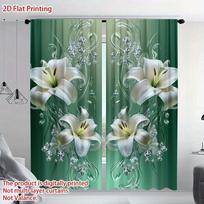 Set Of 2 Elegant Everyday Jade Lily Print Curtains Bedroom Kitchen Office Living Room Curtain With Rod Pocket Polyester Perfect For Sitting W100*H70(CM)-Grommet top&1PCS gray
