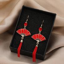 Red Folding Fan Earrings Chinese Style Tassel Ear Hooks Women New Year Party Good Luck Metal Jewelry Gifts Luxury-Style Earrings black